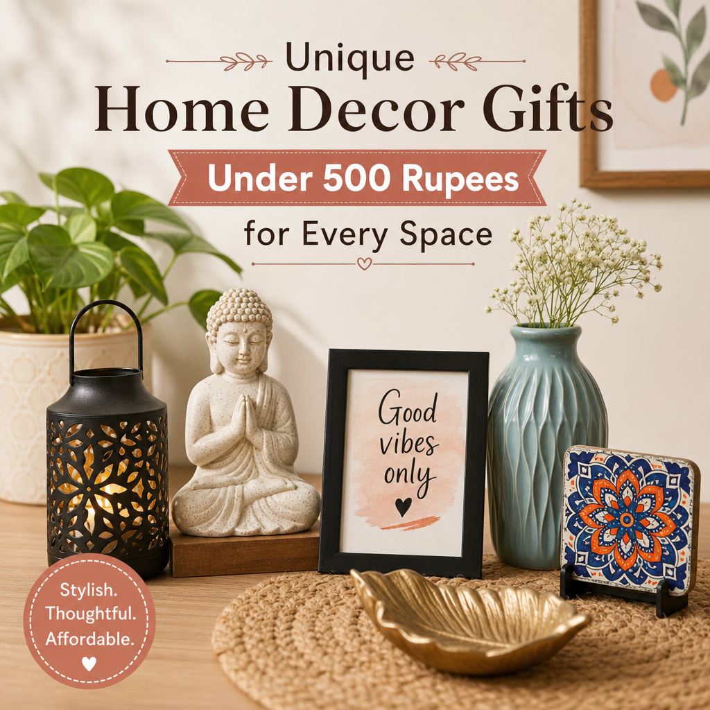 Stylish home decor gifts under 500 rupees including planters, candle holders, and wall accents