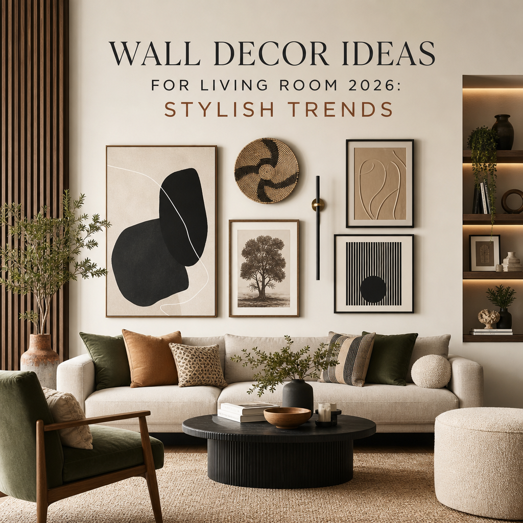Modern living room with stylish abstract and nature-inspired wall art decor trends for 2026