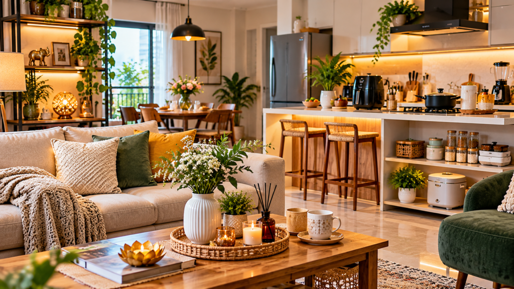 Modern living room and kitchen interior featuring stylish furniture, luxury home décor and smart home essentials in India 2026