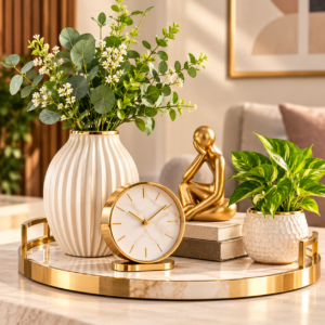 Premium style and living accessories with decorative vase, table clock and modern home accents