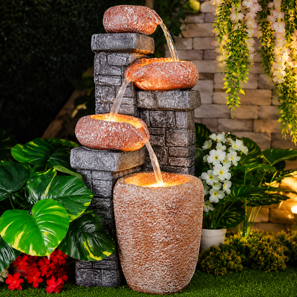 Rustic stone brick waterfall fountain with stacked cask bowls