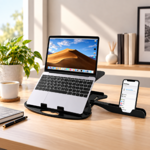 Adjustable laptop stand with mobile phone holder on a modern office desk setup