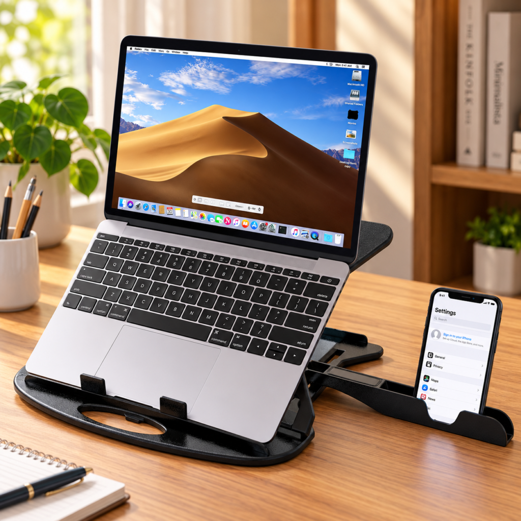 Adjustable Laptop Tabletop Stand with mobile phone holder on a modern wooden home office desk