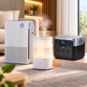 Modern home essentials including air purifier, humidifier and portable power station