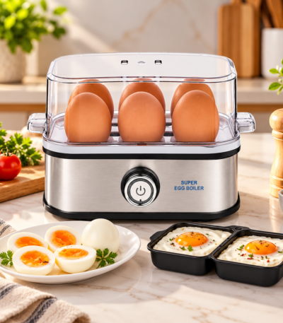 Super Egg Boiler electric egg cooker with transparent lid and stainless steel body