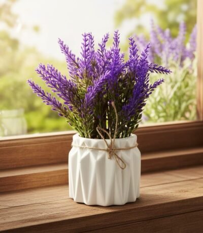 Artificial lavender plant in white pot for home décor