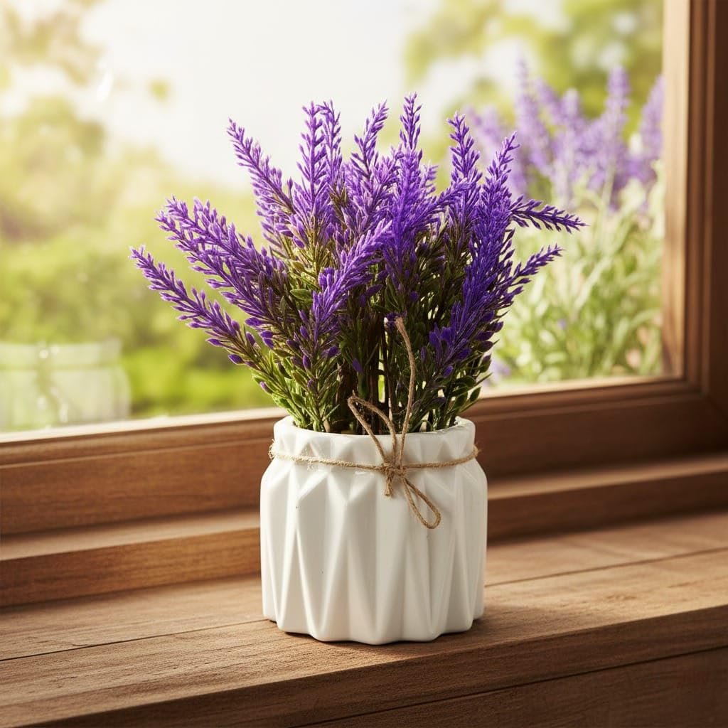 Artificial lavender plant in white pot for home décor