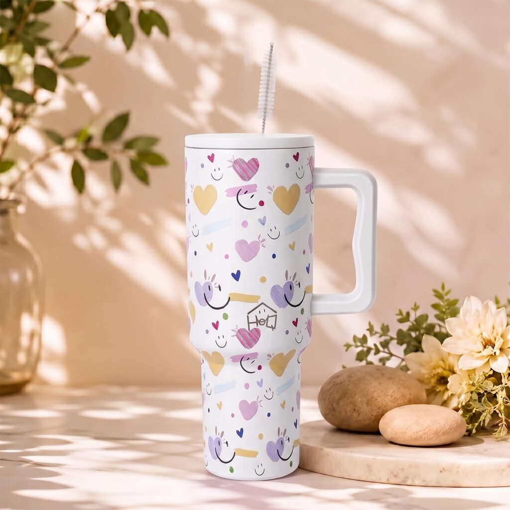 Stainless Steel Insulated Tumbler with Handle Lid and Reusable Straws