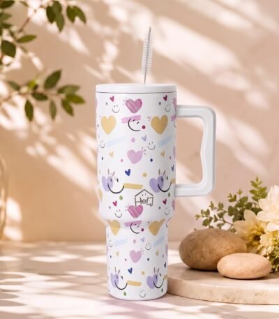 Stainless Steel Insulated Tumbler with Handle Lid and Reusable Straws