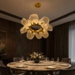 Modern LED Flower Chandelier with golden circular frame and illuminated crystal-style floral petals