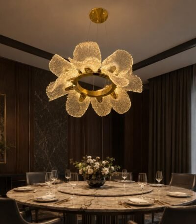 Modern LED Flower Chandelier with golden circular frame and illuminated crystal-style floral petals