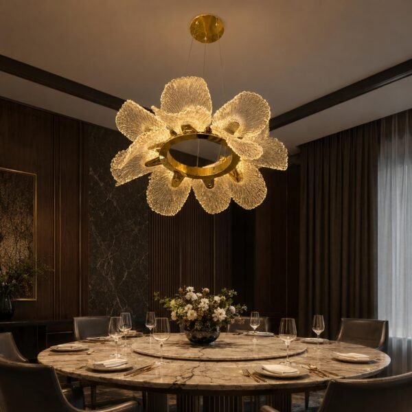 Modern LED Flower Chandelier with golden circular frame and illuminated crystal-style floral petals