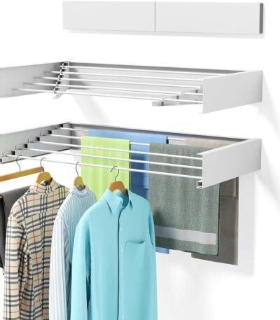 Wall mounted retractable clothes drying rack for home laundry