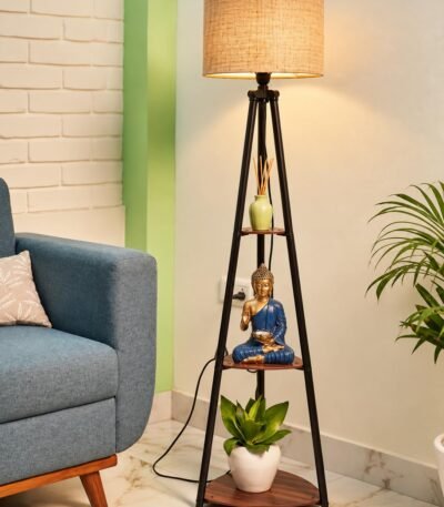 LED tripod floor lamp with three wooden shelves and fabric shade