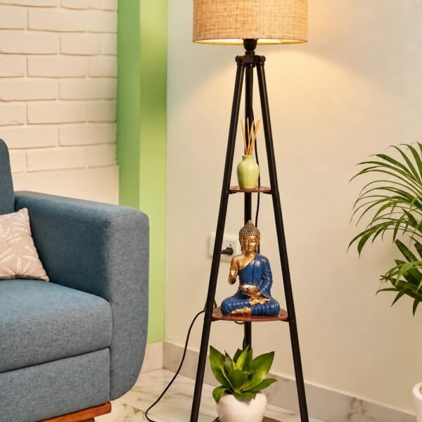 LED tripod floor lamp with three wooden shelves and fabric shade