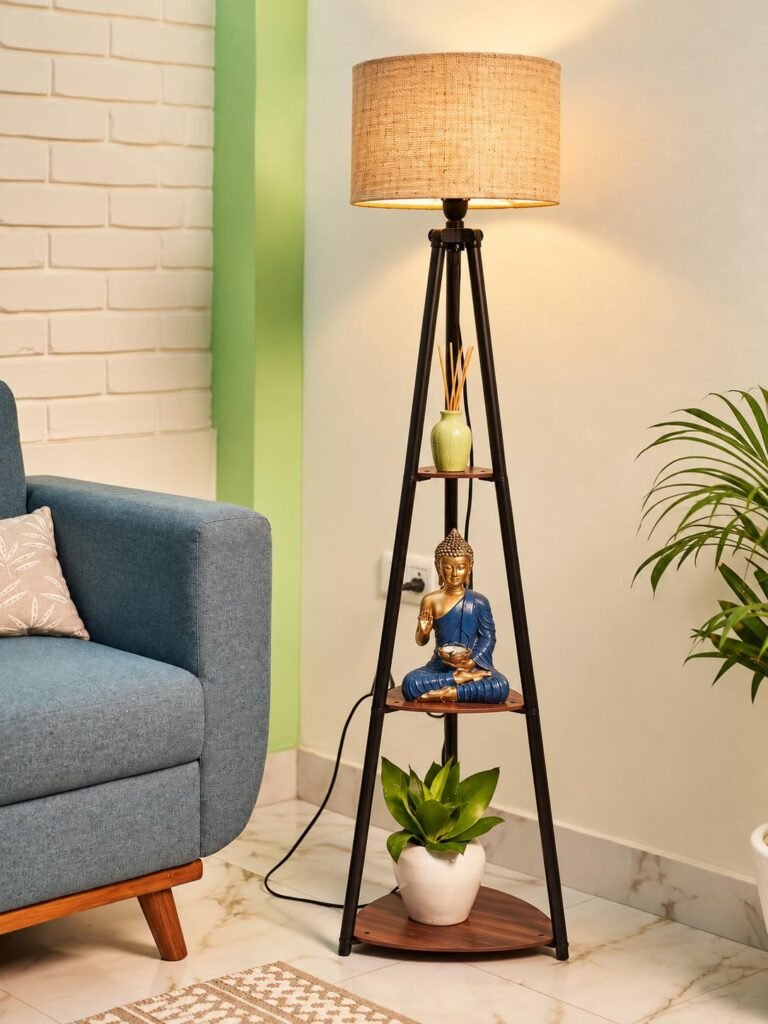 LED compatible standing floor lamp with three shelves