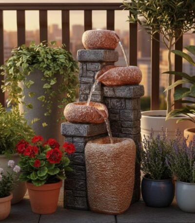 Tiered Cask Stone Brick Water Fountain with cascading water