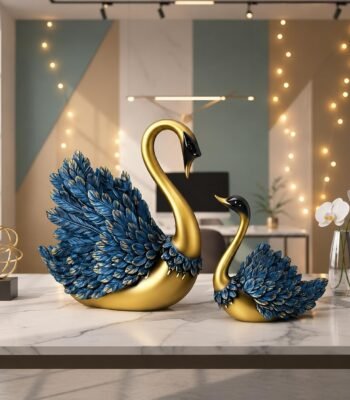 Hand Crafted Swan Pair Home Decor Figurine Set of 2 in Blue and Gold