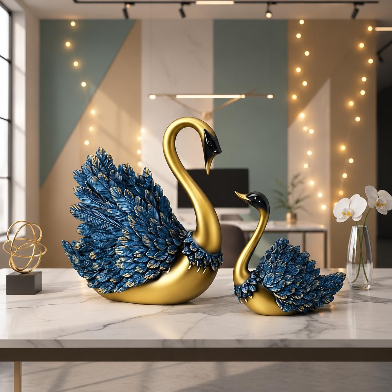 Hand Crafted Swan Pair – Elegant Blue & Gold Home Decor Figurine Hand Crafted Swan Pair Home Decor Figurine Set of 2 in Blue and Gold