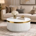Modern round centre table with white marble-look top and gold accent