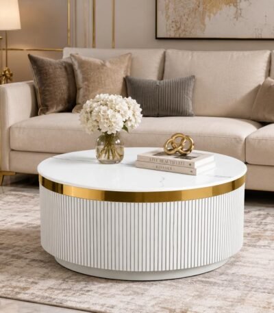 Modern round centre table with white marble-look top and gold accent