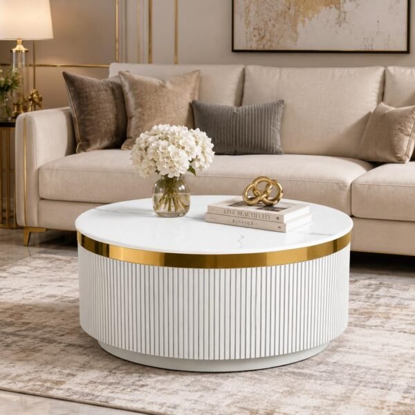 Modern round centre table with white marble-look top and gold accent